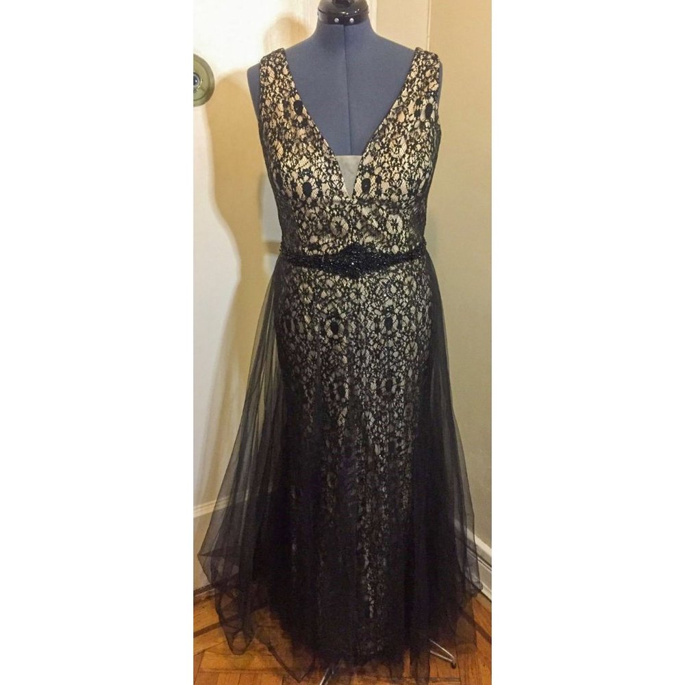 Black & cream beaded lace gown w/ tulle overskirt
